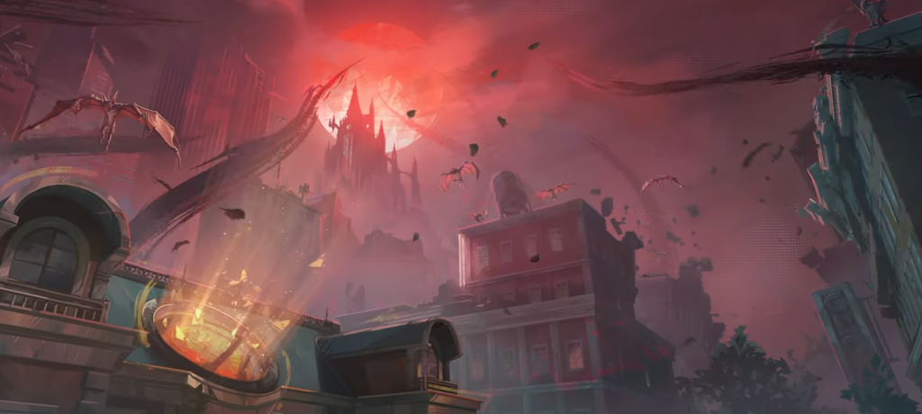 A sinister Dracula looms over a vampiric cityscape, setting the stage for Marvel Rivals' Eternal Night Falls storyline.